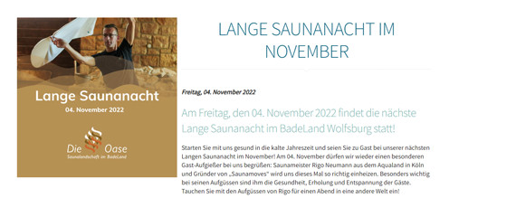 Lange Saunanacht im BadeLand Wolfsburg